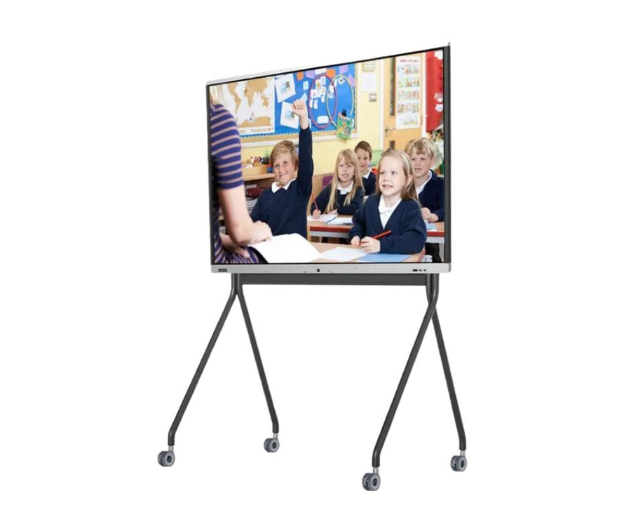 LeaderHub interactive panel on a wheeled floor stand