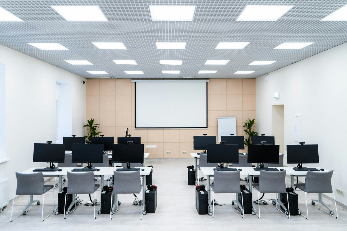 Training room with rows of computers