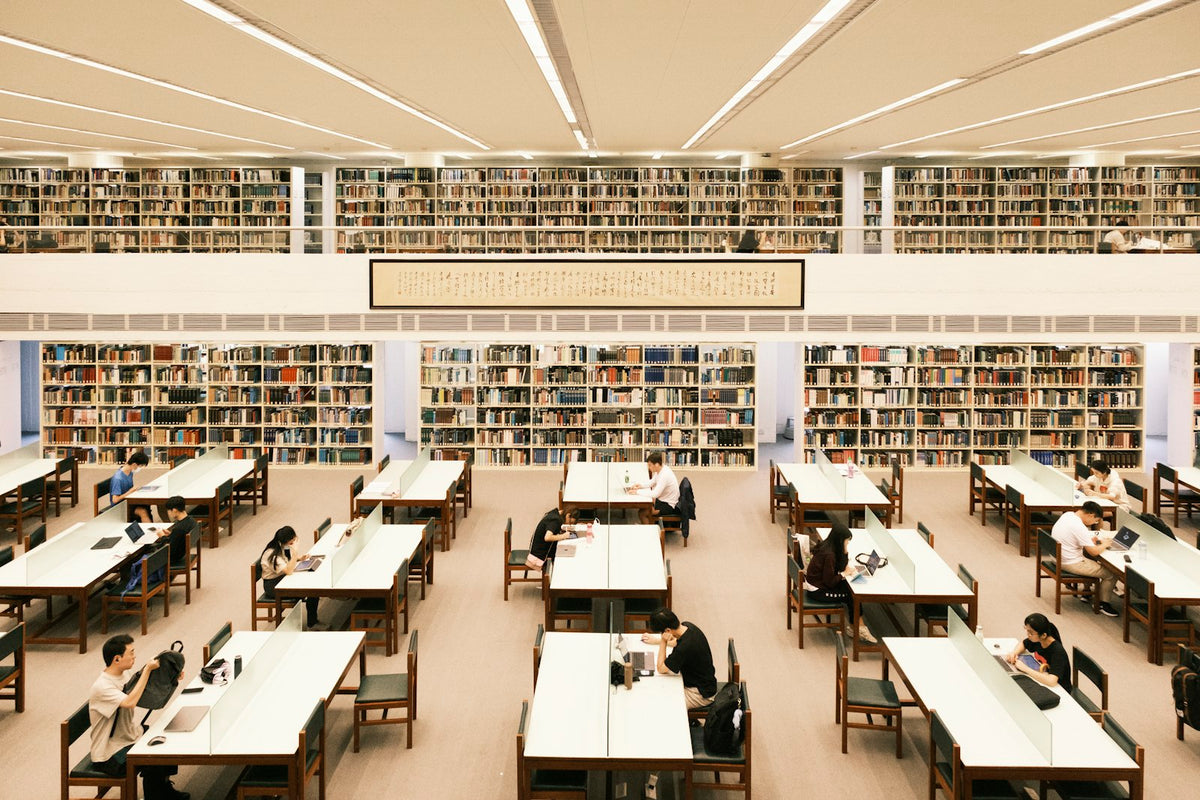 Library study hall with rows of desks