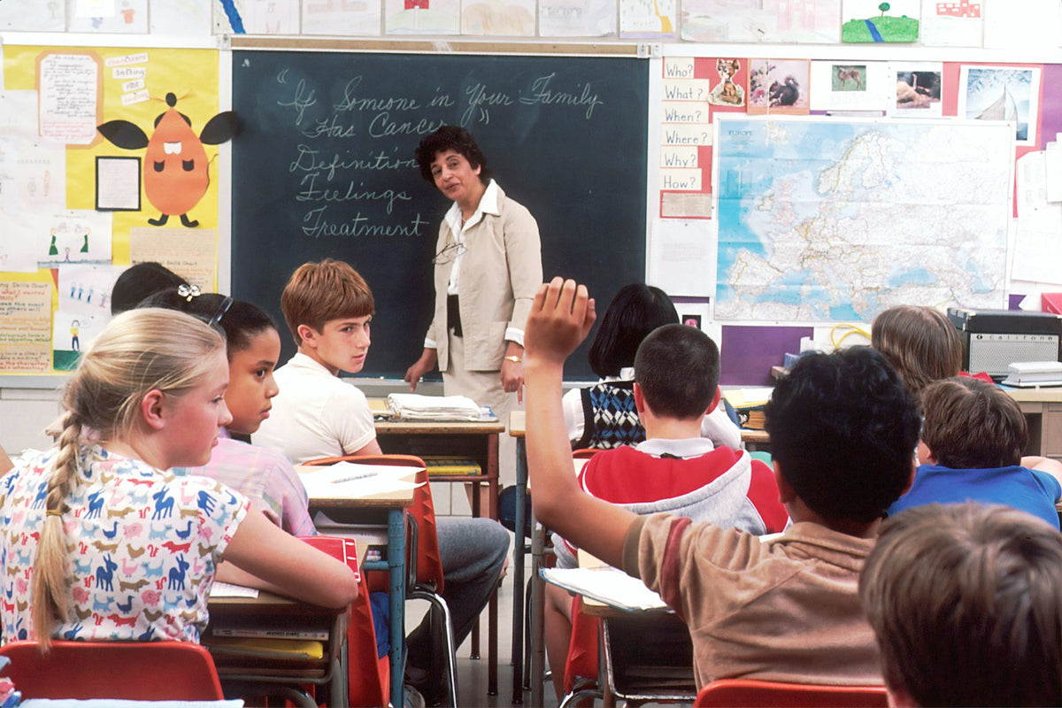Primary classroom with a teacher and children raising hands